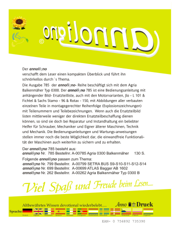 Agria Balkenmäher/Mähmaschine Typ 0300 & Motoren Stamo / ILO/ROTAX Bild- Bedienungsanleitung & Bild- Ersatzteillisten- annoligno 785